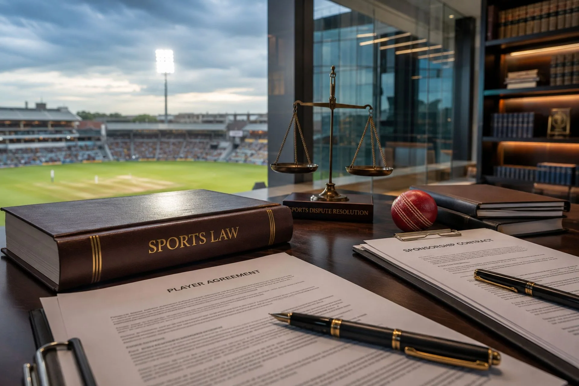 Sports law in India featuring legal contracts, sports law book, and dispute resolution scales