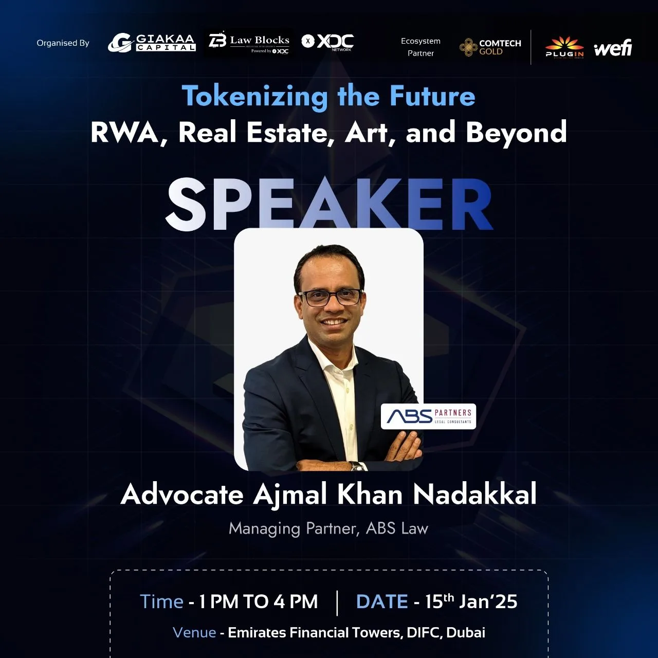 Ajmal Khan Nadakkal speaking at a Dubai blockchain event