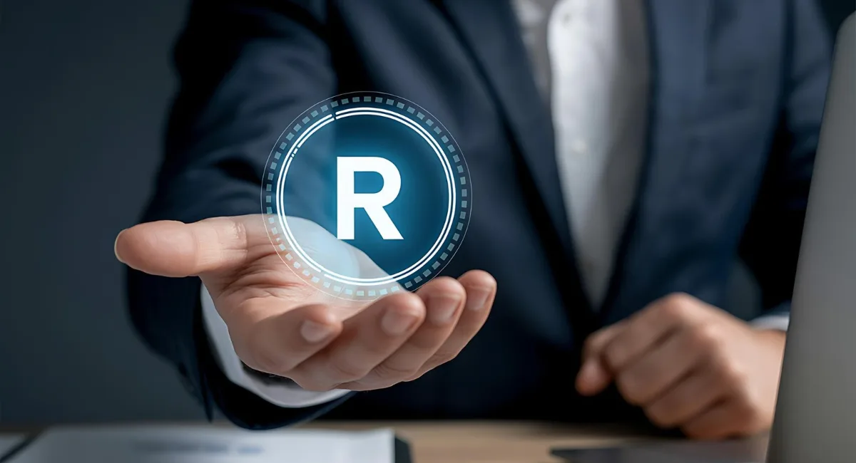 Business professional presenting a registered trademark symbol for trademark protection in India